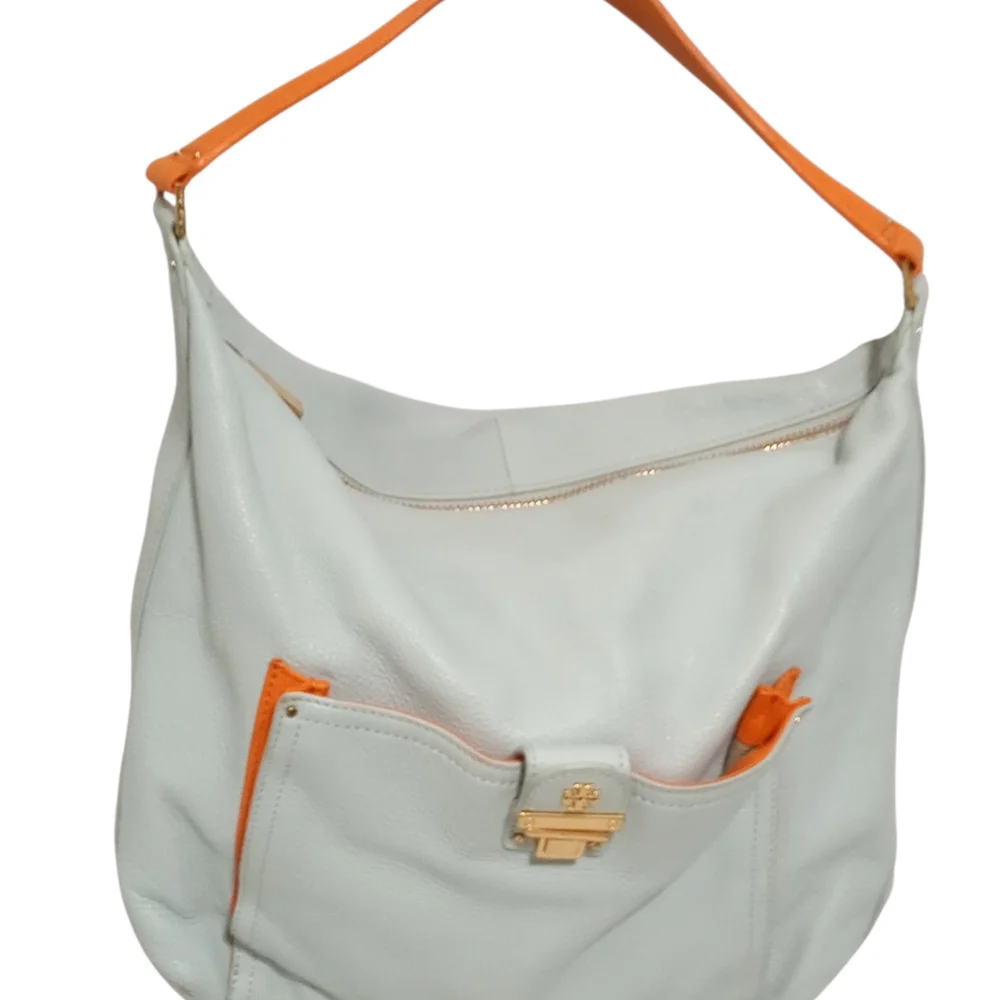 Tory Burch Powder Blue Leather Hobo Bag Orange Trim Logo Lock Shoulder